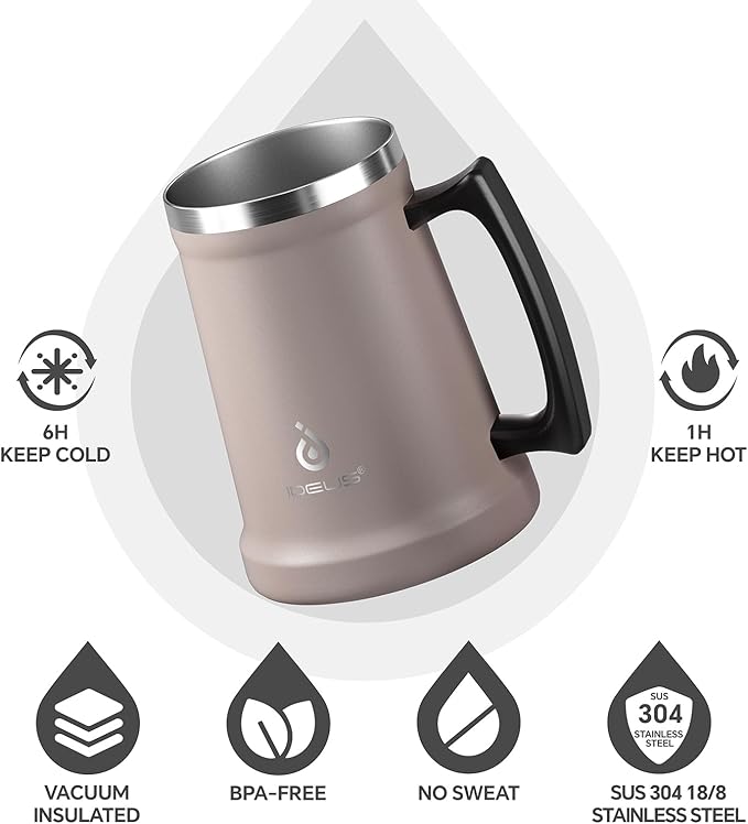 Ideus Insulated Beer Stein, 24/32oz Stainless Steel Double Walled Beer Mug Giant Bar Drinkware Metal Beer Cup with Big Grip Handle (Dusty Pink, 24oz (710ml))