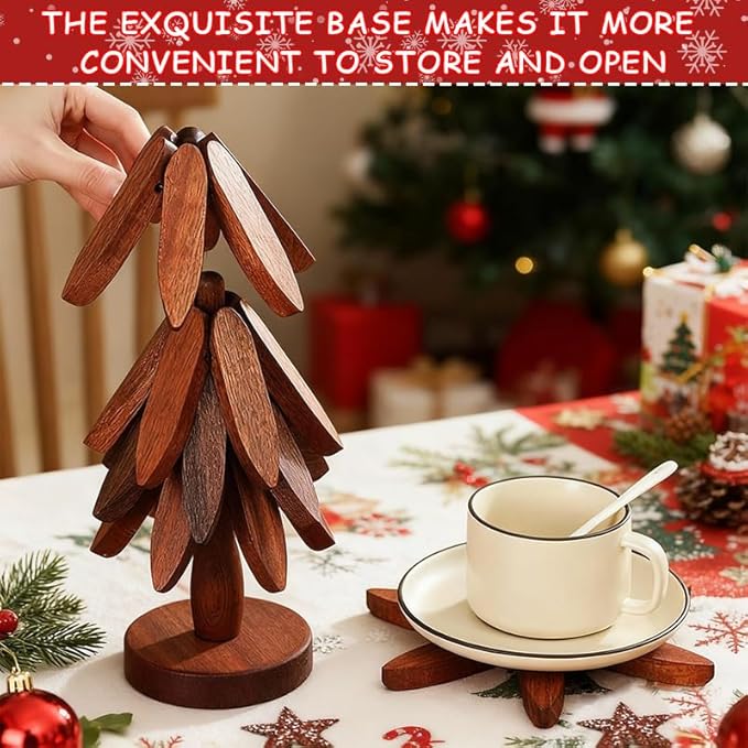 Wooden Trivet Tree, 4 Trivets + 1 Stand for Hot Dishes, Natural Tree Trivet Set, Multi-Functional Decorative Heat Resistant Mats Pots Bowls Teapots Pans Handcrafted Non-Slip Design （Walnut Wood）