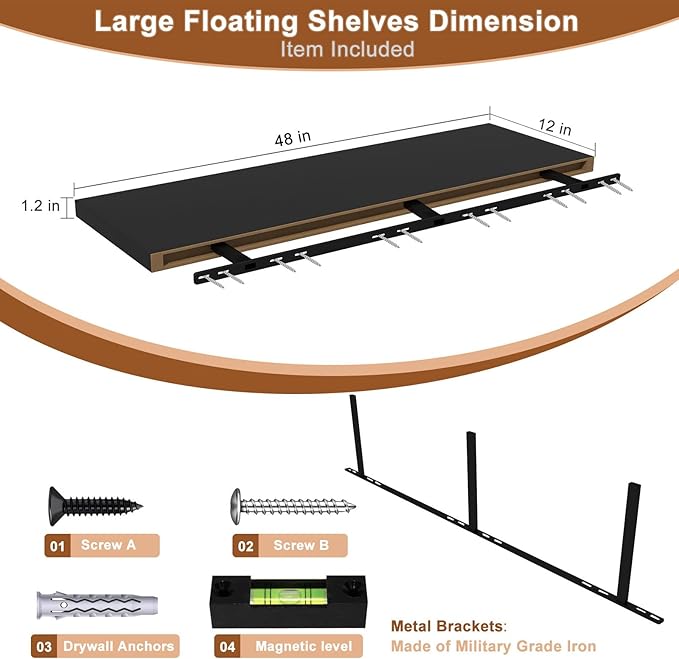 12 Inch Deep Floating Shelves for Wall 2 Pack Floating Shelfs Large Storage Space Wall Decor Display Shelf for Bathroom Living Room Bedroom Kitchen 48" W x 12" D x 1.2" H Black
