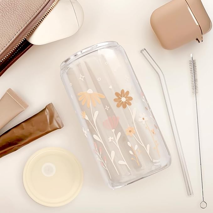SANDJEST Flower Glass Can, Floral Cup with Lid & Straw, Iced Coffee Aesthetic Cups, Idea Gift for Christmas Birthday Mother Day, Gifts for Women, 16oz