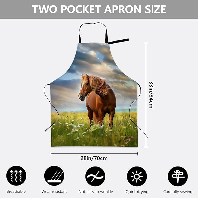 Serene Brown Horse Apron, Adjustable Kitchen Wildflower Design Aprons with Pockets for Cooking BBQ Gardening, 28×33 IN, Holiday Gifts for Women Men Wife, for Chef Baking, Oxford Fabric