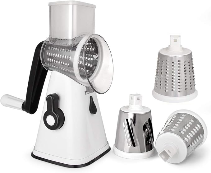 Manual Rotary Cheese Grater, Potato Slicer Cutter Hand Crank, Kitchen Mandoline Vegetable Shredder, with 3 Interchangeable Blades (White)