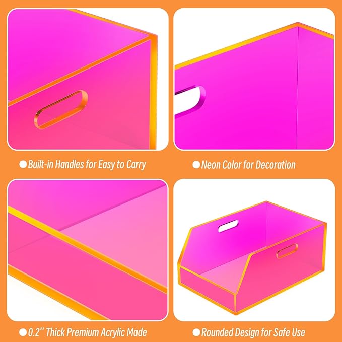 Gelite Stackable Storage Bin Organizer with Handles Acrylic Storage Container for Toy Pantry Kitchen Cabinet Bathroom Closet Office Organization, 11.4x7.5x5.1'', Neon Pink