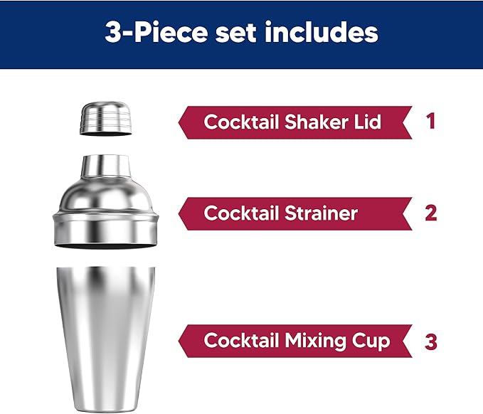 HIC Kitchen Bar Cocktail Shaker, 18/8 Stainless Steel, Mirror Finish, 3-Piece Set, Holds 18-Ounces