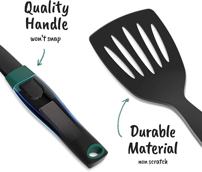 Linoroso Nylon Cooking Utensils Set, 7 Pieces Elevate Kitchen Utensil Set with Exquisite Rotating Stand, Innovative Weighted Handle, Easy to Clean, Black & Peacock Green (BPA Free, Non Toxic)