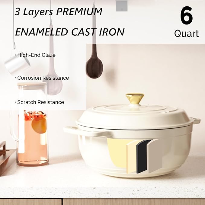 VINGLI 6QT Enameled Cast Iron Round Dutch Oven Pot with Lid, NonStick Casserole Pot with Dual Handles & Silicone GlovesRed, Oven Safe up to 500°F or on Stovetop, Dutch Oven for Bread Baking, White
