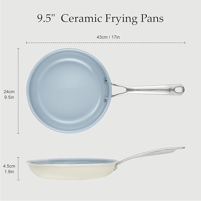 24CM Ceramic Frying Pan with Stainless Steel Handle - Perfect Non Stick Frying Pans for Steak & Non Stick Cooking-Ceramic Pans Frying Pan Trendy Kitchen Essential for Young Chefs(Cream White)