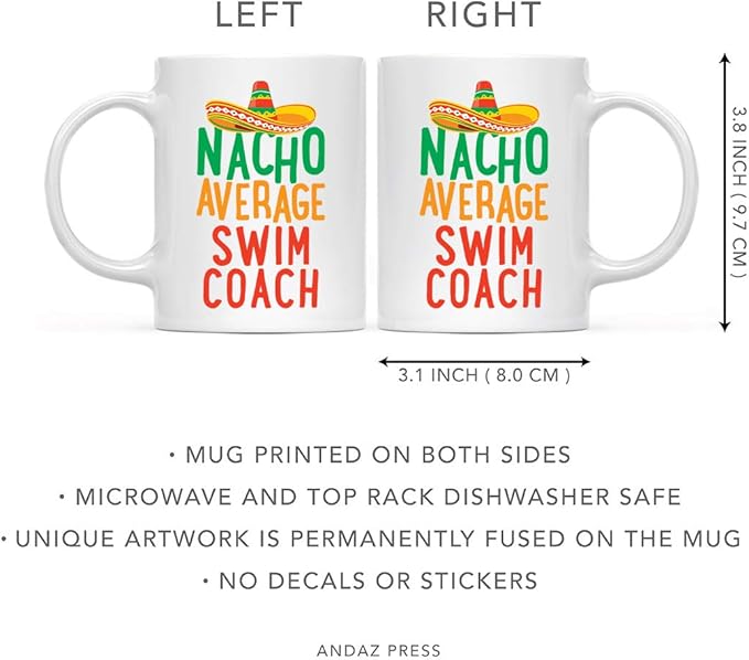 Andaz Press Funny Quirky 11oz. Ceramic Coffee Tea Mug, Nacho Average Swim Coach, 1-Pack, Spanish Themed Birthday Christmas Ideas for Coworker Him Her, Includes Gift Box