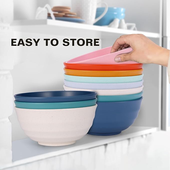 60 Oz Cereal Bowls, Deep Large Plastic Soup Salad Bowls Set of 8, Unbreakable Reusable Wheat Straw Dinnerware Sets Dishwasher Safe BPA-Free for Kitchen Pho Ramen, Black