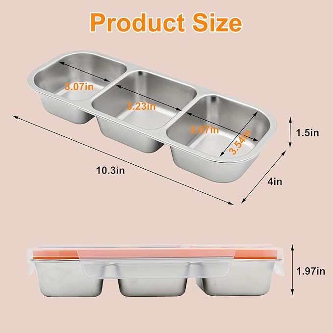 Stainless Steel Snack Containers with Lids, Reusable 3 Compartment Condiment Boxes, Stainless Steel Children's Fruit Box for School,Travel, Office and Outdoors