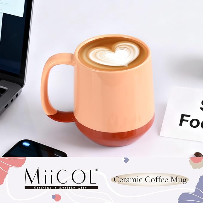 Miicol Ceramic Coffee Mug, 16 oz Large Coffee Cup, Tea Mug with Handle, Flat Bottom Mug for Men, Women, Office, Microwave and Dishwasher Safe, Multi-Color, Caramel Peach
