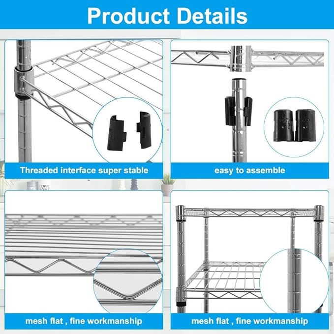 5-Shelf Adjustable Storage Shelf, Heavy Duty Storage Shelving Unit with Wheels, Standing Shelves Metal Organizer Wire Rack for Kitchen Bathroom Pantry, 30" L x 14" W x 60" H, Chrome