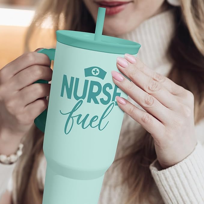 SANDJEST Nurse Gift Tumbler 40oz with Handle and Straw – Nurse Fuel Insulated Stainless Steel Travel Coffee Mug for Nursing Friend Student - Gifts for Appreciation, Birthday, Christmas