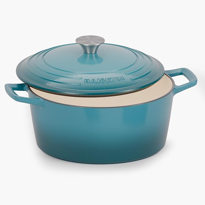 Bakken Enameled Cast Iron Dutch Oven Pot, 6QT Dutch Oven for Bread Baking, Braising & Roasting, Kitchen & Campfire Cooking, Moisture-Locking Lid, Oven Safe Up To 500°F, Works on All Cooktops, Teal