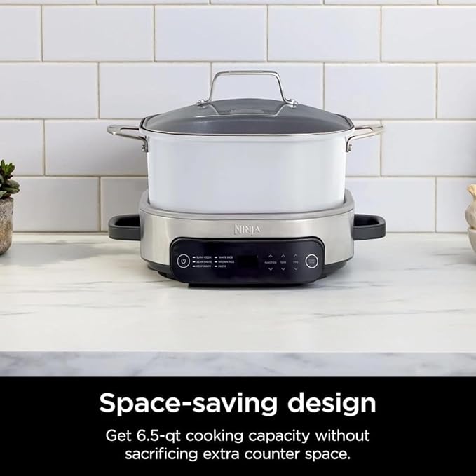 Ninja Foodi PossibleCooker PRO MC1000 8.5Qt Multicooker 8 in 1 Slow Cooker, Dutch Oven, Steam Bake Roast Sear Sauté Bread Maker Warmer, Glass Lid, Integrated Spoon, Nonstick (White)