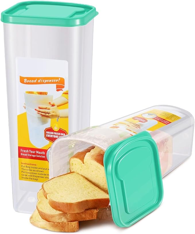 Flexzion 2 Pack Airtight Bread Containers - Clear BPA-Free Storage Box for Kitchen Countertop, Space-Saving & Durable Plastic Loaf Container & Dispenser, Green