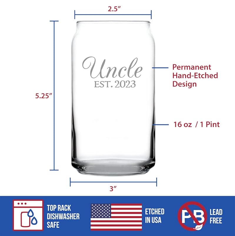 Bevvee Uncle Est 2023 - Beer Can Pint Glass Gift for First Time Uncles - Decorative 16 Oz Glasses