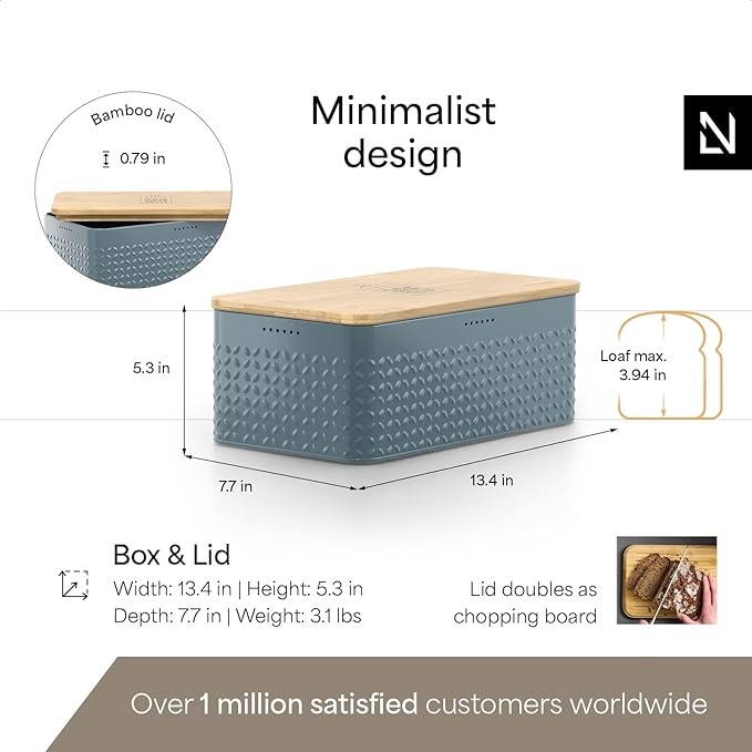 LARS NYSØM Bread Box I Metal Box with linen bag for long lasting freshness I Bread Bin with bamboo lid usable as cutting board I 13.4x7.3x5.3In (Stone Blue)