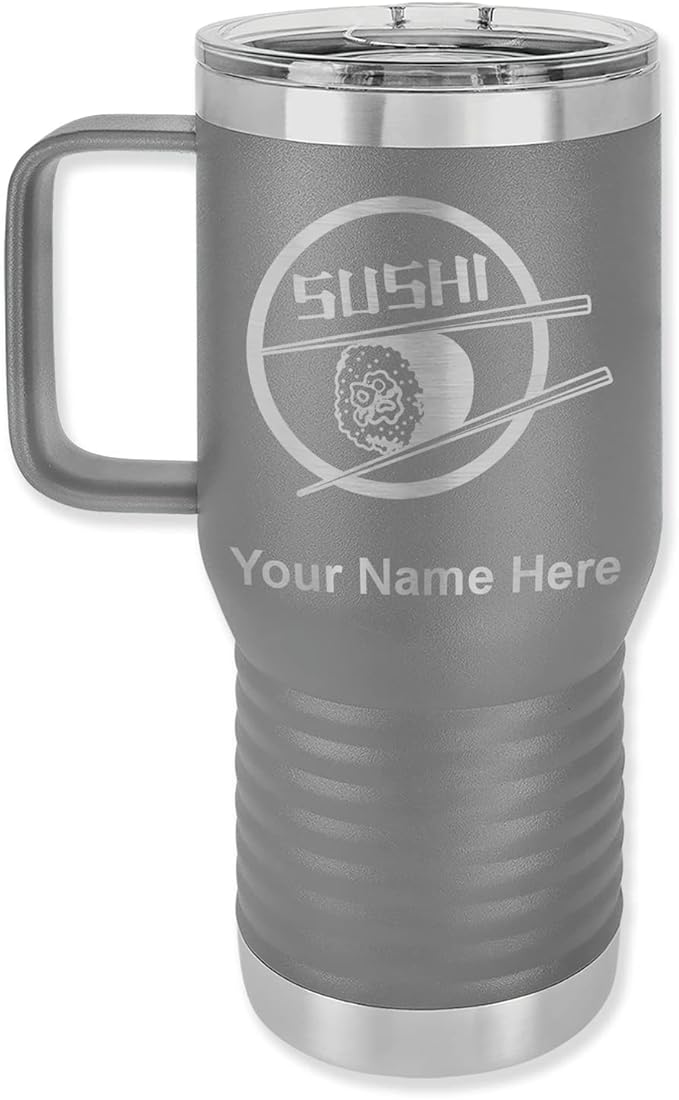 20oz Vacuum Insulated Travel Mug with Handle, Sushi, Personalized Engraving Included (Gray)