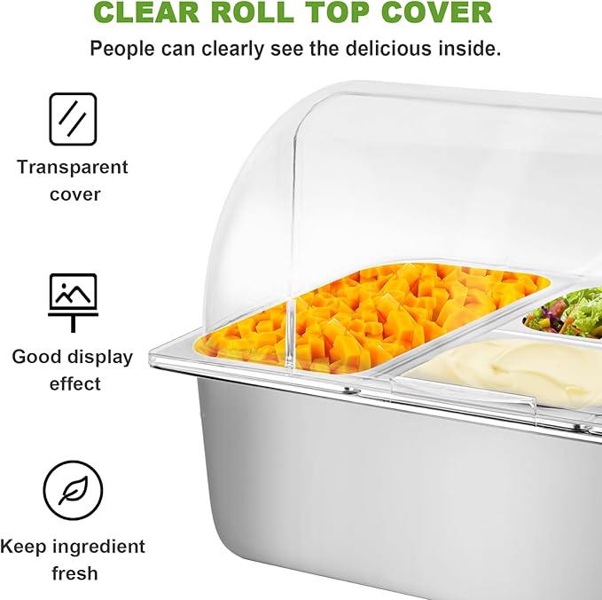 Cold Food Buffet Server 5 Pans (4 Pans×1.6Qt & 1 Pan×4QT) with Ice Packs for Salad Pizza Sauce Colded Serving Trays Condiments Containers for Parties Buffet