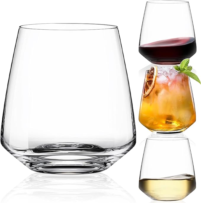 Stemless Wine Glasses Set of 4-15 oz Clear-Modern Hand-Blown Wine Glasses, European Design Crystal Glass For Red & White Wine, Unique Gifts for Wedding, Birthday,Christmas