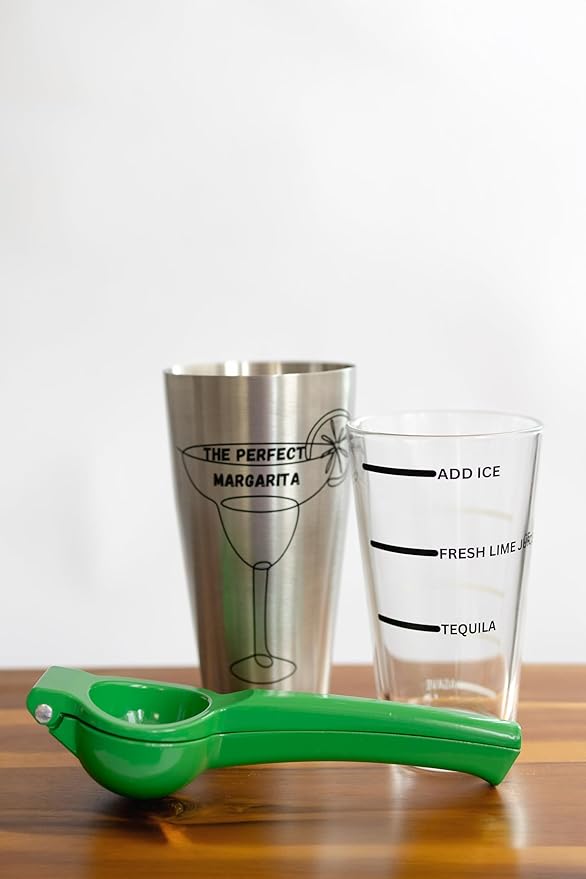The Perfect Margarita | Easy to Use Margarita Cocktail Shaker Kit | Single & Double Recipes | No Jiggers or Measuring Tools Needed | Bartender Quality Shaker and Hand Juicer | Home Bar Accessories