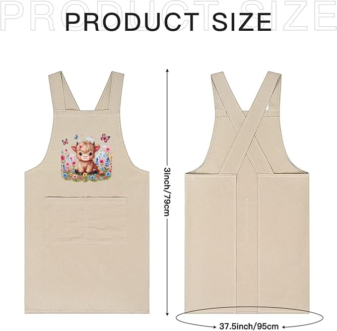 Cotton Linen Apron Non-tie Cross Back Kitchen Apron with Pockets Soft Comfortable Durable for Cooking Baking Gardening (Khaki,Highland Cattle)