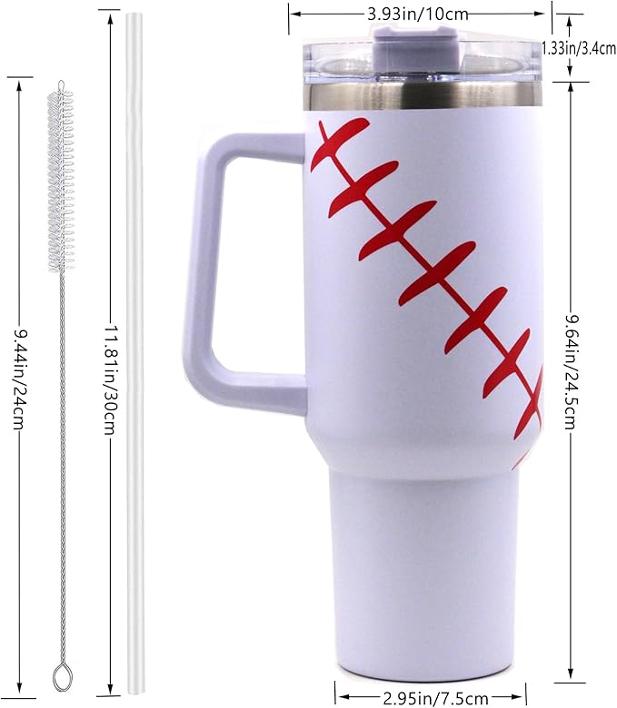FMYWZS 40 oz Baseball Tumbler with Handle, Double Wall Vacuum Insulated Stainless Steel Cup Travel Mug with Lid and Straw, Baseball Accessories Stuff Gifts for Mom Men Boys Girls