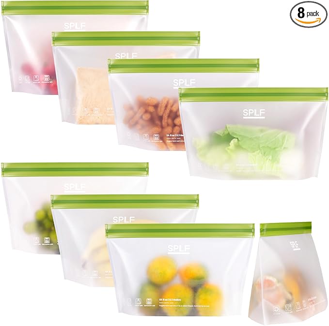 SPLF 8 Pack Stand-Up Reusable Half Gallon Freezer Bags Dishwasher Safe, Extra Thick Leakproof 1/2 Gallon Food Storage Bags, BPA Free Silicone for Meal Prep, Marinate, Veggies, Fridge Organization