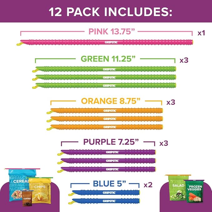 GripStic Bag Clips. 12pc Durable Food Clip Set For Kitchen Storage. Reusable Chip Bag Clips. Color Coded Bag Closure Sticks Provide Air Tight Seal. Chip Clips Reinvented.
