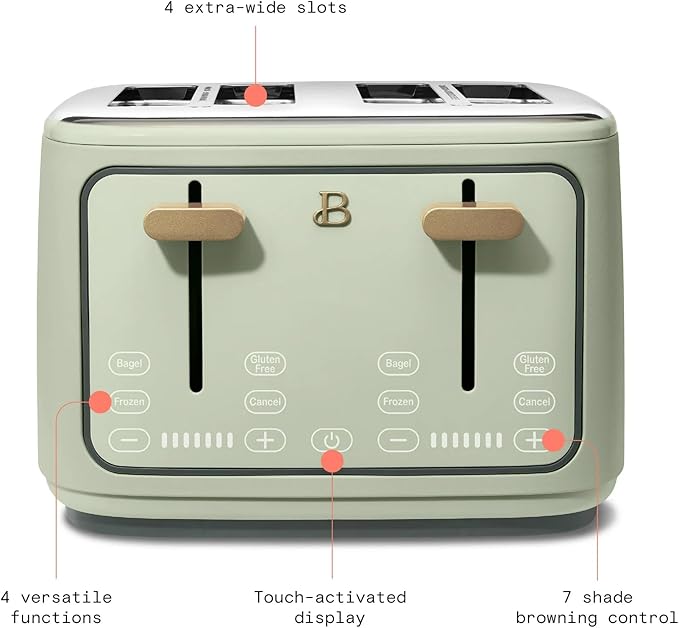 Beautiful 4 Slices Toaster with Touch-Activated Digital Display, Extra Wide Self-Adjusting Slots, Adjustable Shade Control, by Drew Barrymore (Green)