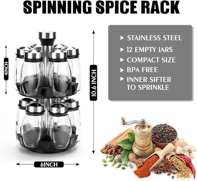 Handisen Revolving Spice Rack Organizer Storage for kitchen, Spice Stand Holder, Spinning Countertop Herb and Spice Rack Organizer with 12 Glass Jar Bottles Set