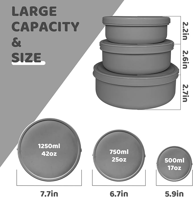 Silicone Food Storage Containers Bowl, Set of 3 Reusable Silicone Bento Lunch Box Containers with Lids (17oz, 25oz, 42oz) Dishwasher, Microwave and Freezer Safe Charcoal Gray