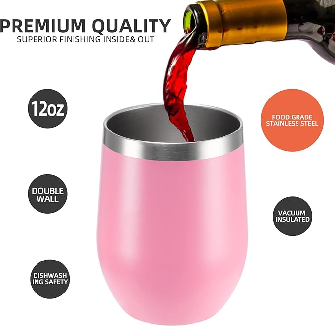12 oz Insulated Wine Tumbler with Lid and Straw,Stainless Steel Stemless Wine Tumbler Glasses Double Wall Vacuum Wine Cups Tumbler Bulk for Coffee,Champaign,Cocktail,Office(Pink,8)