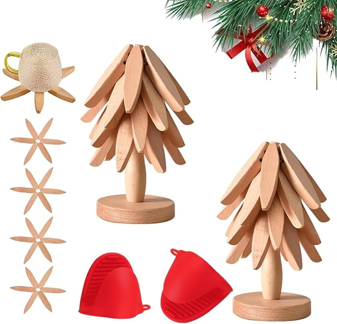 Christmas Tree Trivets Set of 4 for Hot Dishes, Natural Tree Trivet Set - 4 Wooden Trivets & 1 Stand Like a Christmas Trees, Kitchen Counter Decor Tools, Artisanal Wooden Coasters(Burlywood-2pcs)