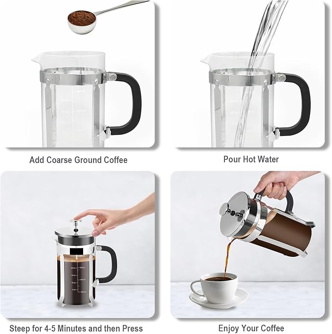 French Press Coffee Maker,34oz 304 Stainless Steel with 2 Filter, Heat Resistant Durable, Easy to Clean, Borosilicate Glass Press, BPA Free Glass TeaPot-34 Ounce 1 Liter (Chrome)