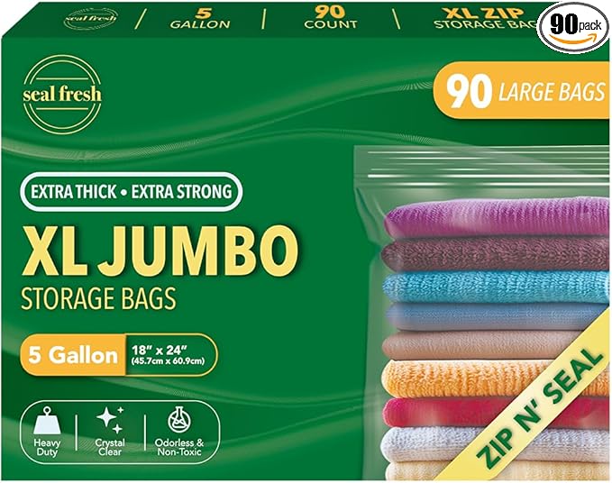 5 Gallon Large Plastic Storage Bags – 18" x 24" (90 Count) – Reusuable XXL Extra Large Heavy Duty Clear Jumbo Freezer Zip Bags with Sealable Zipper Top For Clothes, Travel, Moving