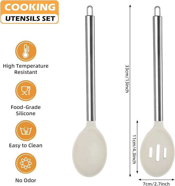 MANJIA Silicone Spatulas Set, Nonstick Silicone Spoon & Turner Spatula Set, Serving Spoon kitchen Spatula for Cooking Fish, Eggs,Flipper, Cooking Utensils Set 2pcs (white-spoons)