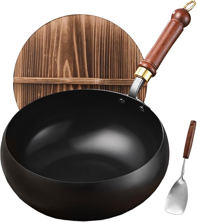 Carbon Steel Wok Pan, 9.5″ Woks & Stir-Fry Pans with wooden Lid Cookwares, Nonstick Wok Flat Bottom Small Handmade Chinese Wok For for All Stoves