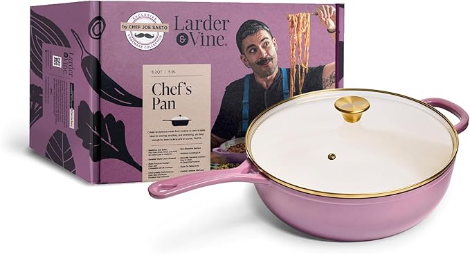 Chef Joe Sasto Chef’s Pan with Tempered Glass Lid, Deep Saute Pan, Enameled Cast Iron, Professional Cookware for Searing, Sautéing & Braising, Induction Compatible, Oven Safe, Dishwasher Safe