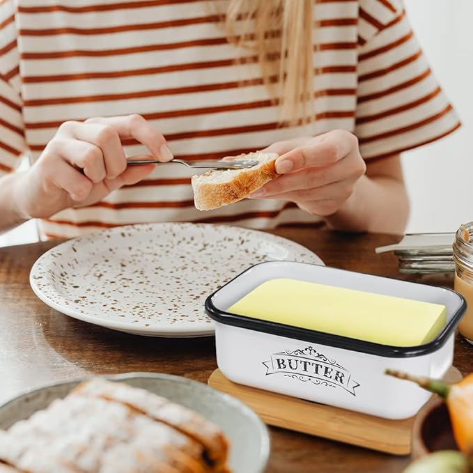 SOTECH Bread Box with 3pcs Jars Coffee Sugar Tea for Kitchen Countertop White Metal Bread Box with Bamboo Board Cover Pastry Storage Container Set Kitchen decor (bread box with jars and Butter Dish)