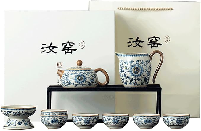 Chinese Tea Pot Sets,10 Pcs Portable Ceramic Cup for Tea, White And Blue Tea Kettle Set,Including 1 Teapot, 1 Tea Strainer, 7 Tea Cups, Asian Tea Sets For Adult,Home,gifing,Tea Lover And Office