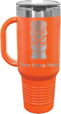 LaserGram 40oz Vacuum Insulated Travel Mug with Handle, Tiki Statue, Personalized Engraving Included (Orange)