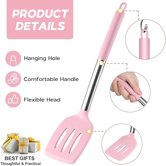 Silicone Utensils Set, Onader 15pcs Kitchen Cooking Utensils with Holder, Non-stick Cookware with Stainless Steel Handle, Kitchen Gadgets Tools Gift - Pink