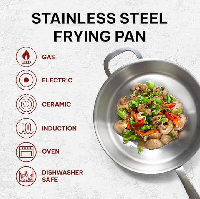 Beka Maestro 11" 5-Ply Stainless Steel Frying Pan – Dishwasher & Oven Safe, No Hot Spots and Stay-Cool Handle