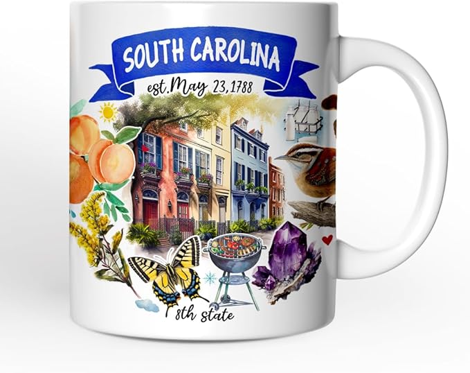 OrnamentallyYou State Travel Landmark Mugs – 12 oz Ceramic Coffee Cups, U.S. Souvenir Gift for Tourists (Artistic South Carolina State Themes and Landmarks Mug)