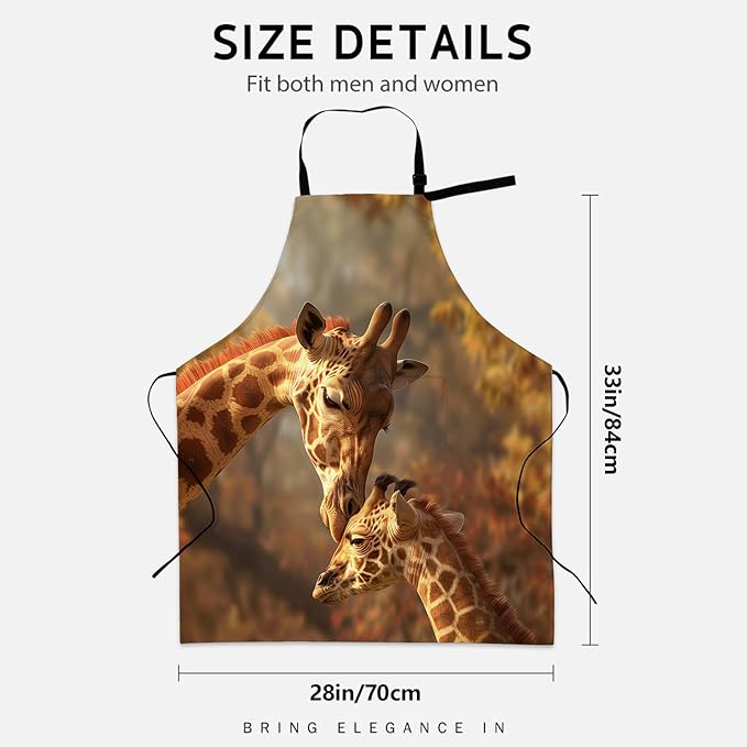 Rustic Fall Giraffe Apron for Women Chef Nature Lovers Gifts, Polyester Lightweight Autumn Animal Aprons with Pockets for Cooking Baking Kitchen BBQ Cleaning, Adjustable Neck Strap, 28×33inch