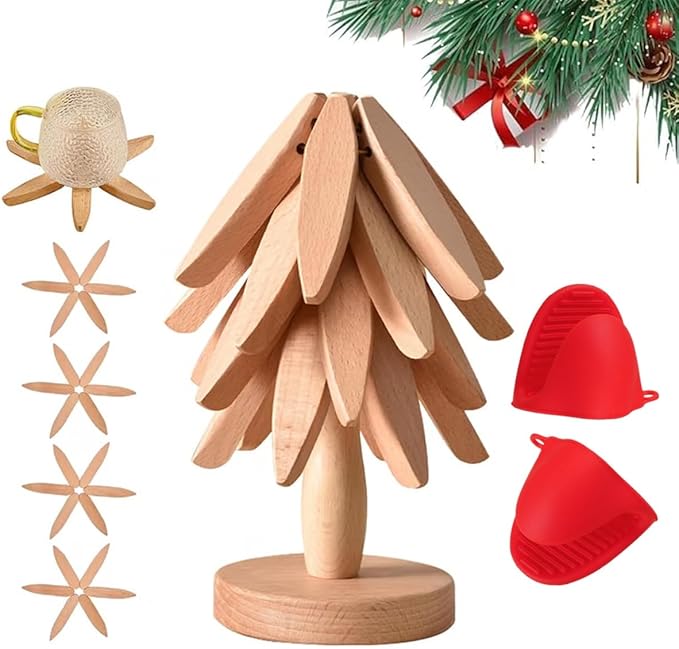 Christmas Tree Trivets Set of 4 for Hot Dishes, Natural Tree Trivet Set - 4 Wooden Trivets & 1 Stand Like a Christmas Trees, Kitchen Counter Decor Tools, Artisanal Wooden Coasters(Burlywood-1pc)