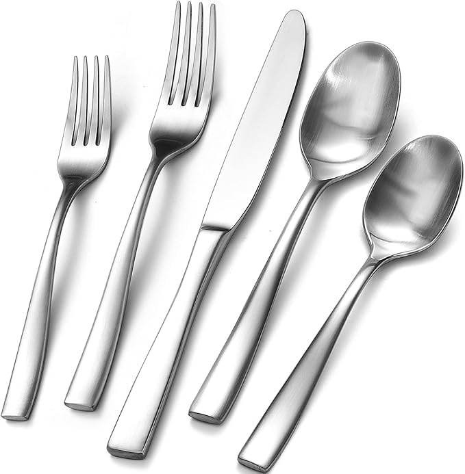 HIKAA Forged Silverware Set Stainless Steel Flatware Set,Service for 4,Matte Satin Polished Cutlery Set,Dishwasher Safe (Mattle Silver, 5PCS)