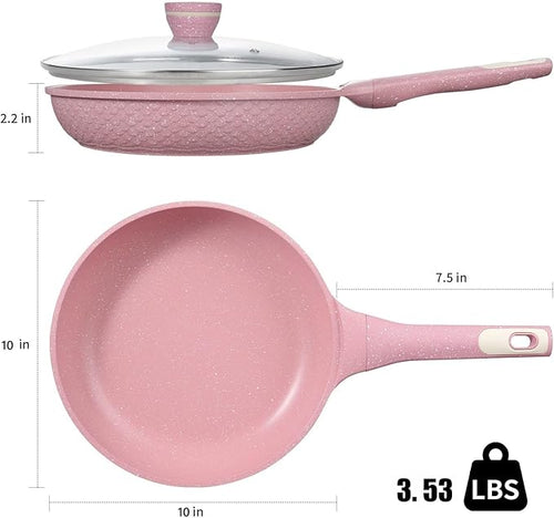 10 Inch Non Stick Frying Pans with Lid - 100% PFOA PFAS Free, Super Nonstick, All Stovetop Compatible Induction Gas Electric, Omelette & Egg Pan, Dishwasher Safe, Eco-Friendly Pink Pan